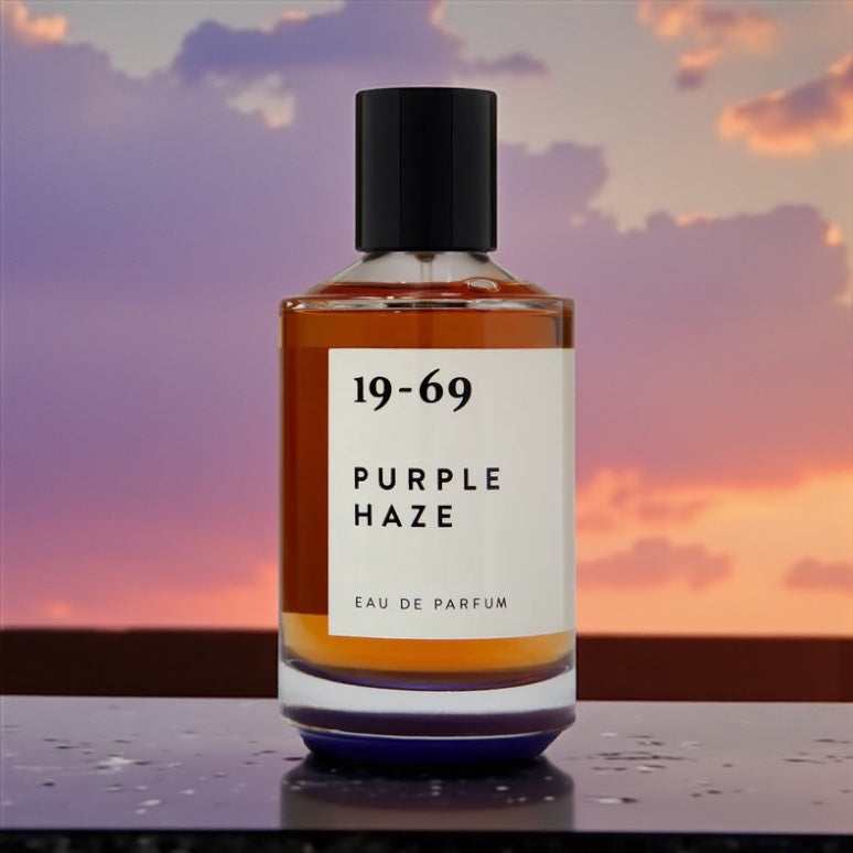 19-69 Purple Haze perfume sample – smoky patchouli and cannabis notes styled with bohemian 1960s-inspired textures.