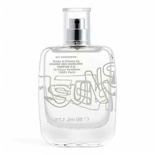 A decant of Comme des Garçons ERL Sunscreen, a nostalgic summer fragrance with bergamot, coconut, and solar notes, available in perfume samples