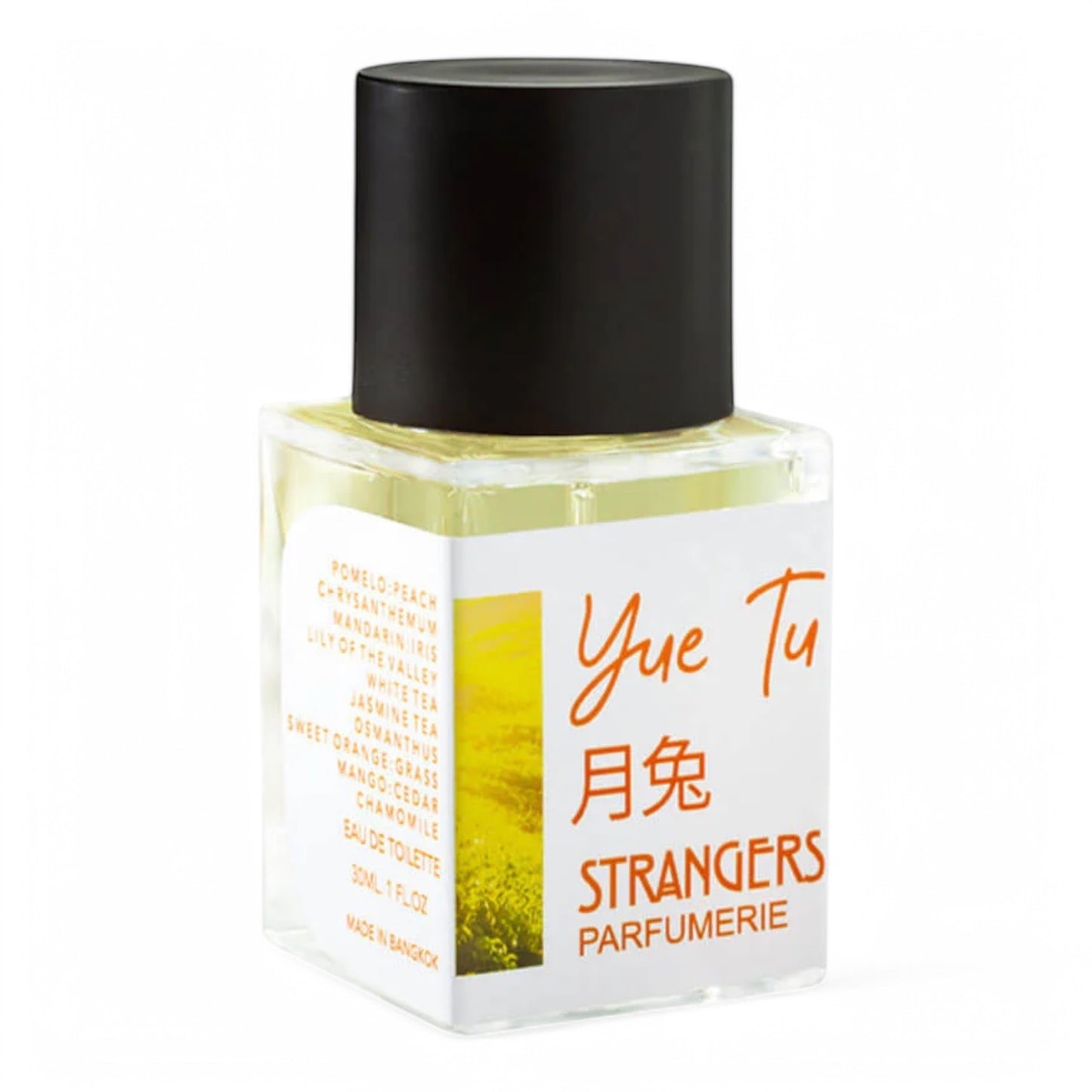 A decant of Strangers Parfumerie Yue Tu, a luminous and celestial fragrance blending osmanthus, white tea, and musk, available in perfume samples