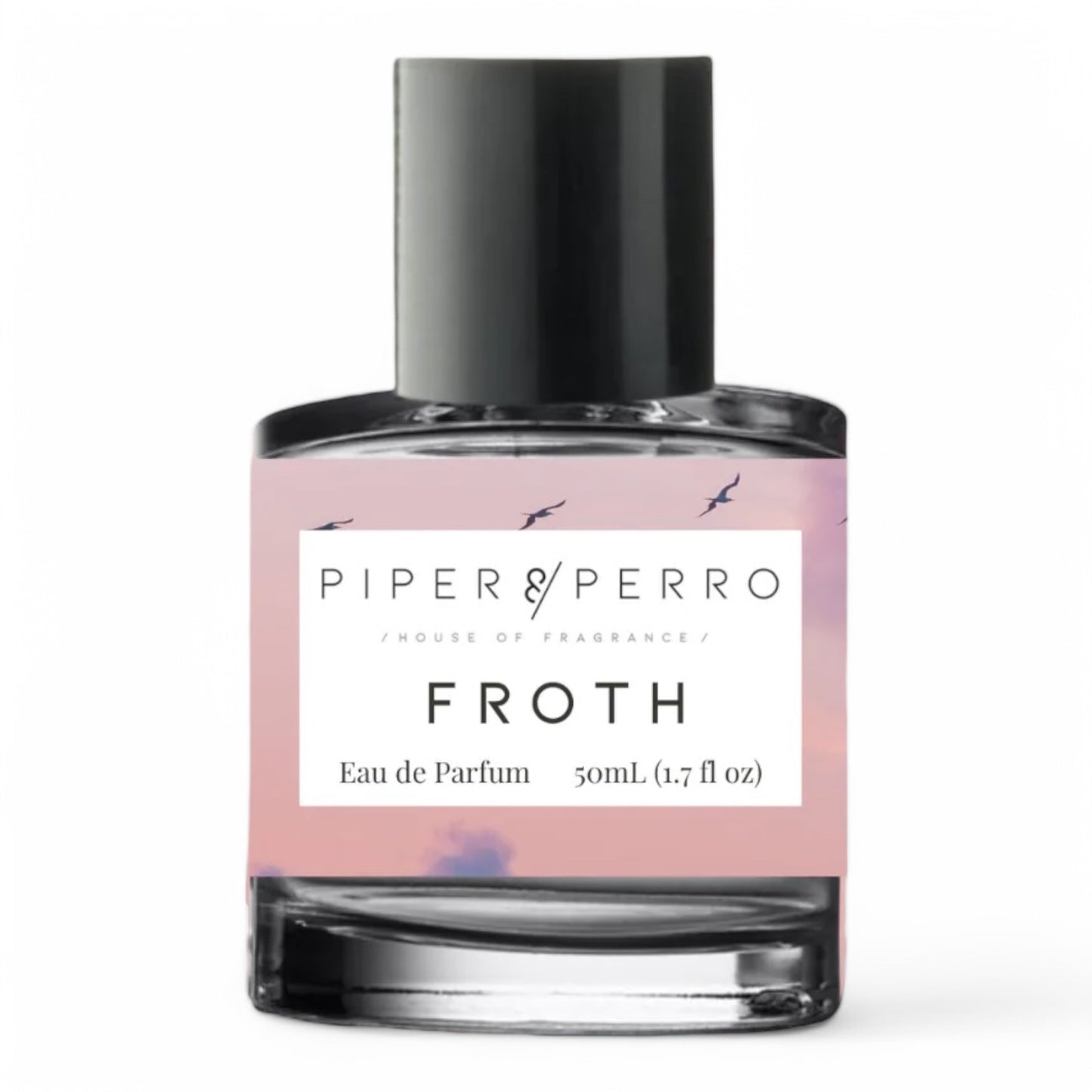 A decant of Piper & Perro Froth, a soft gourmand floral fragrance with taro bubble tea, salted pistachio, and orchid, available in perfume samples