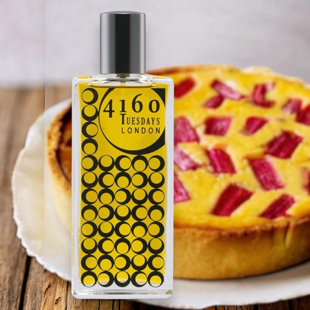 Close-up of a fragrance sample of Rhubarb & Custard 1:29, highlighting its citrusy, creamy, and cozy dessert-inspired scent.