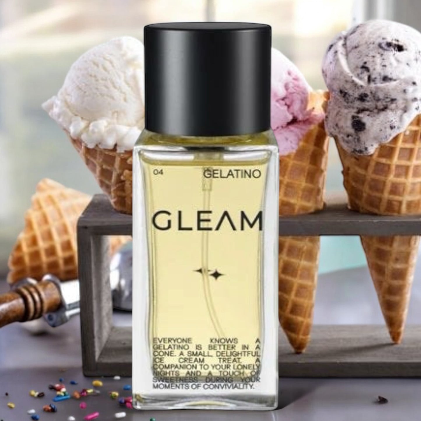 Close-up of a fragrance sample of Gelatino, highlighting its creamy, nutty, and cozy ice cream-inspired notes for a comforting scent experience.