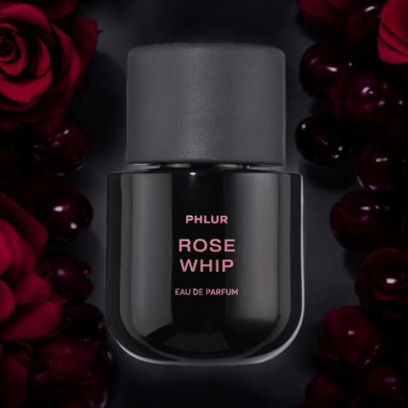 Close-up of a sample of Rose Whip Eau de Parfum, highlighting its floral, spicy, and warm musky notes for a rich and modern rose scent.
