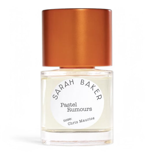 A decant of Sarah Baker Pastel Rumours, a creamy, fruity gourmand fragrance with peach, vanilla, and musks, available in perfume samples and decants.