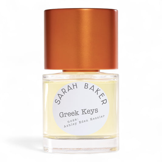 A perfume sample of Greek Keys by Sarah Baker with bright citrus, salty seawater, and vetiver notes - ideal for fragrance lovers and yachting-inspired scents.