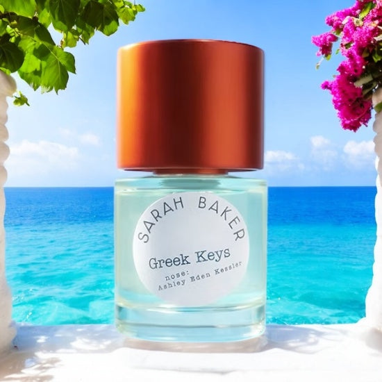 Close-up of Greek Keys decant with notes of pink grapefruit, rosemary, and crystal waters, a fresh aquatic perfume in sample size for niche scent collectors.