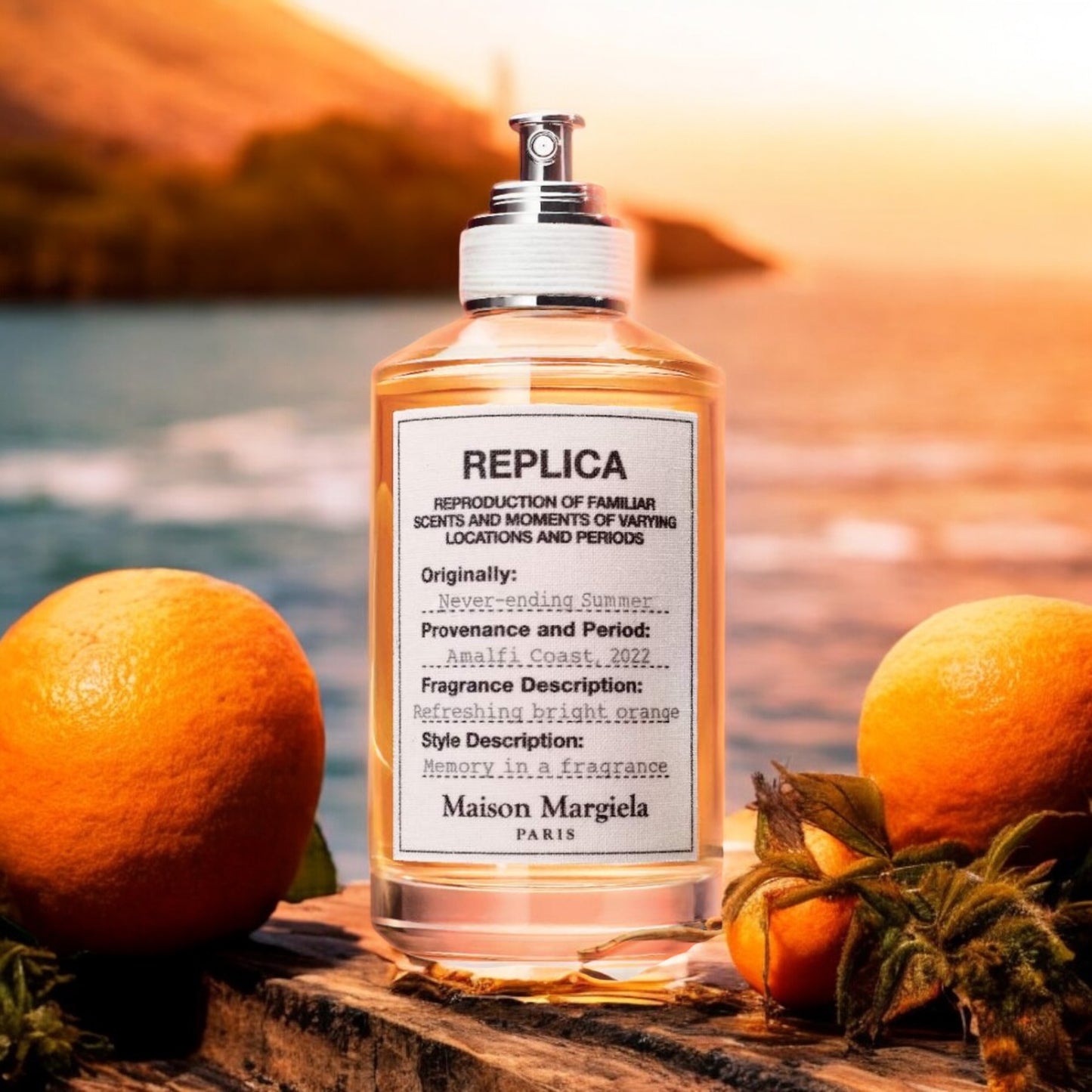 A fragrance decant of Never-ending Summer, capturing Italian spritz, bitter orange, and cedarwood for an uplifting, vacation-inspired scent.