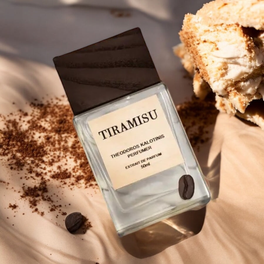 Close-up of Tiramisu perfume sample, evoking layers of creamy vanilla, dark coffee, and sweet Italian dessert notes.