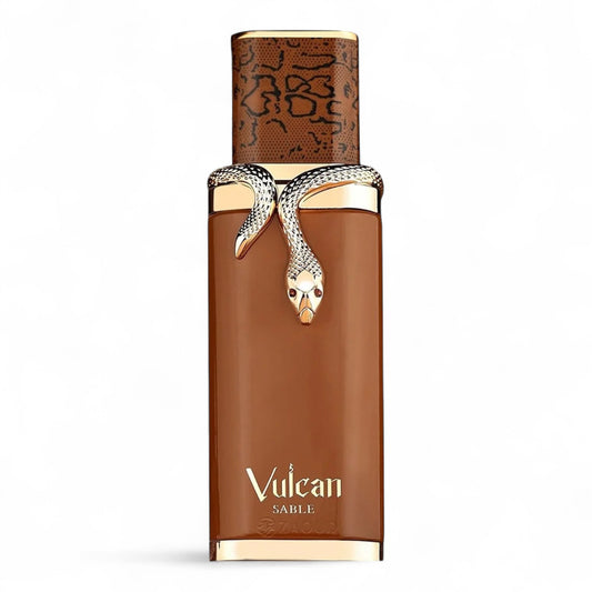 A decant of French Avenue Vulcan Sable, an ambery woody perfume with whisky, cocoa, and cashmere wood.