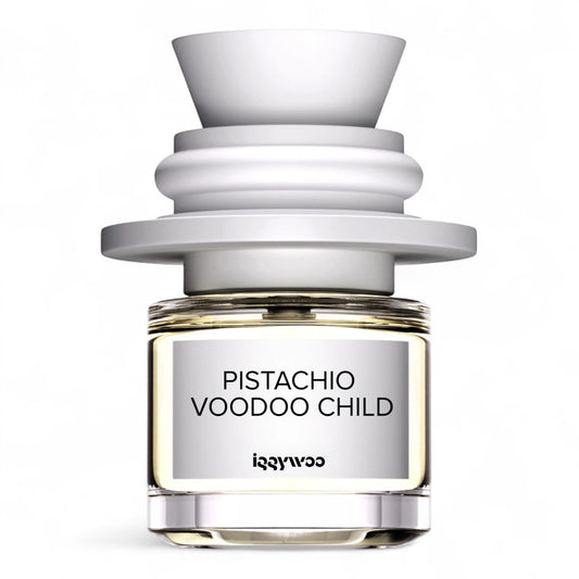A decant of Iggywoo Pistachio Voodoo Child, a gourmand floral perfume with pistachio, jasmine, and sandalwood notes.