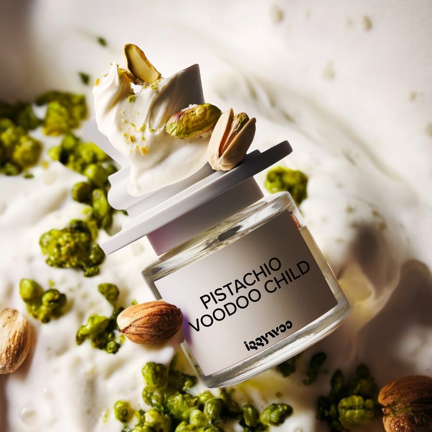 Close-up of Pistachio Voodoo Child sample, showing a rich pistachio heart over warm woods and hypnotic florals.