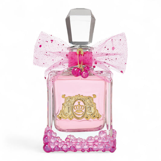 A sample of Viva La Juicy Le Bubbly perfume, a fruity-floral scent with notes of pink berries, jasmine, and praline, available in decants and testers.
