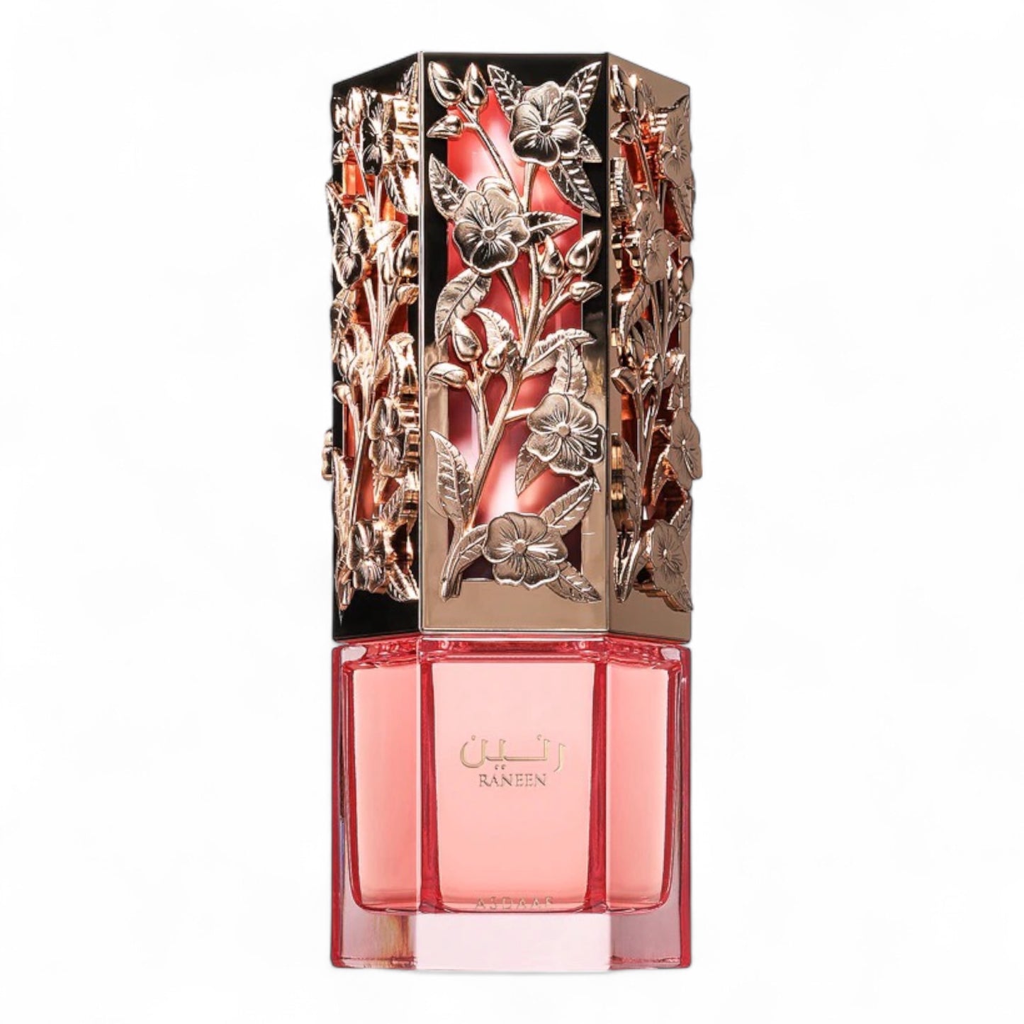 A perfume sample of Asdaaf Raneen Eau de Parfum featuring fruity notes of dragon fruit and pear blended with jasmine and warm vanilla.