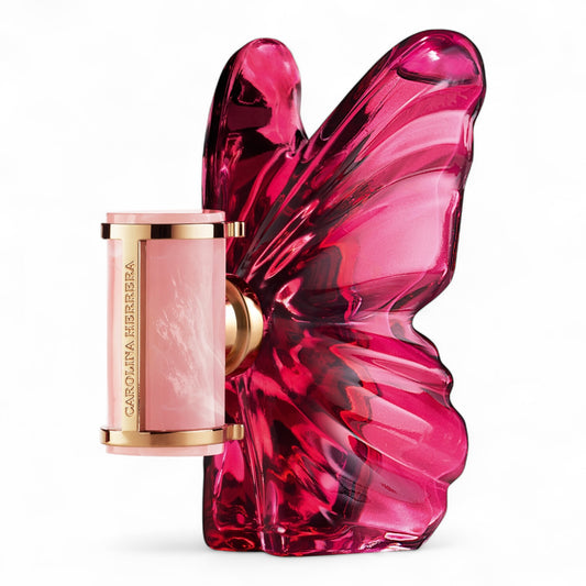 A decant of Carolina Herrera La Bomba, a fruity floral perfume with dragon fruit, cherry peony, and solar vanilla, available in fragrance samples.