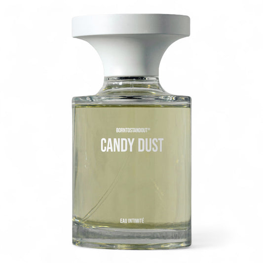 Sample of BORNTOSTANDOUT Candy Dust – playful raspberry, sugar, and Orcanox™ in a bold candy scent.