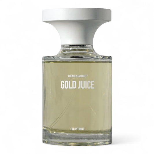Sample of BORNTOSTANDOUT Gold Juice – a tropical, funky blend of durian, mango, and caramel woods.