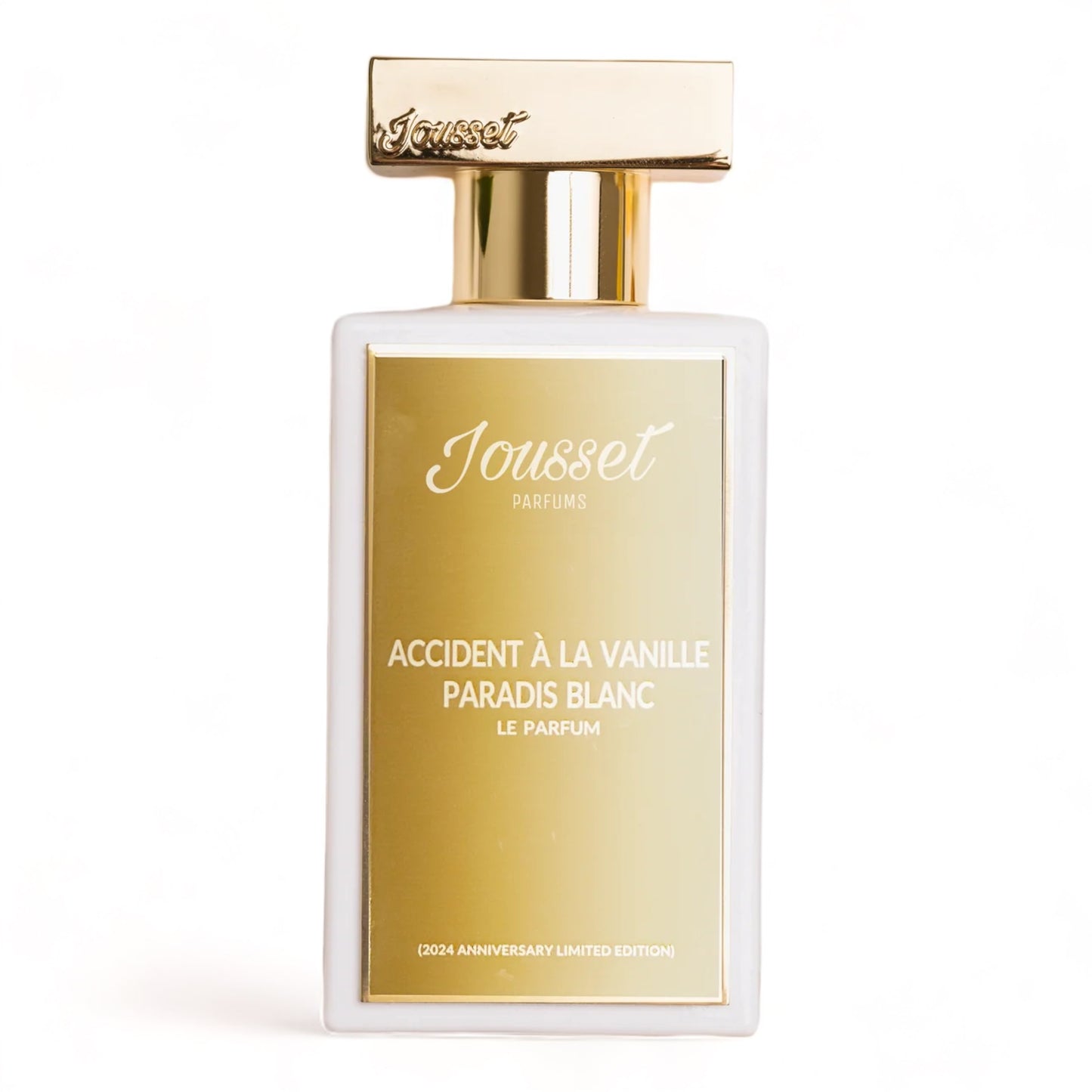 A decant of Jousset Accident à la Vanille – Paradis Blanc, a tropical vanilla perfume with pineapple, champagne, and tonka, available in fragrance samples.