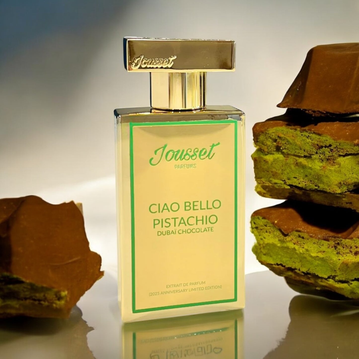 Close-up of a fragrance decant of Ciao Bello Pistachio Dubaï Chocolate, highlighting its nutty, creamy, and chocolatey notes for a decadent, dessert-inspired scent.