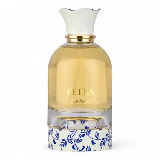 A decant of Lattafa Petra, a Mediterranean-inspired perfume with plum, coconut, and vanilla notes, available in fragrance samples.