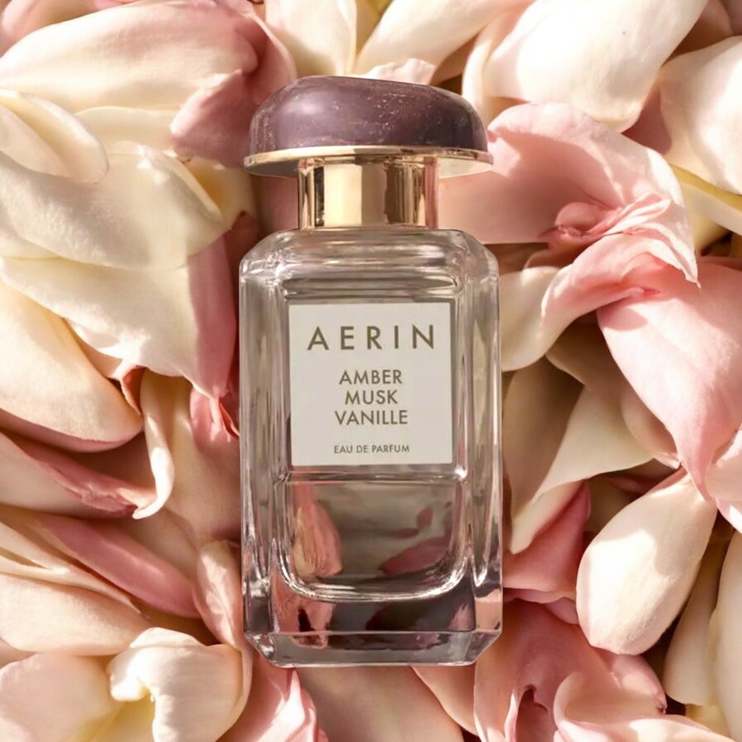 Aerin Amber Musk Vanille fragrance styled in a warm, creamy-toned petals setting to reflect its gourmand floral character