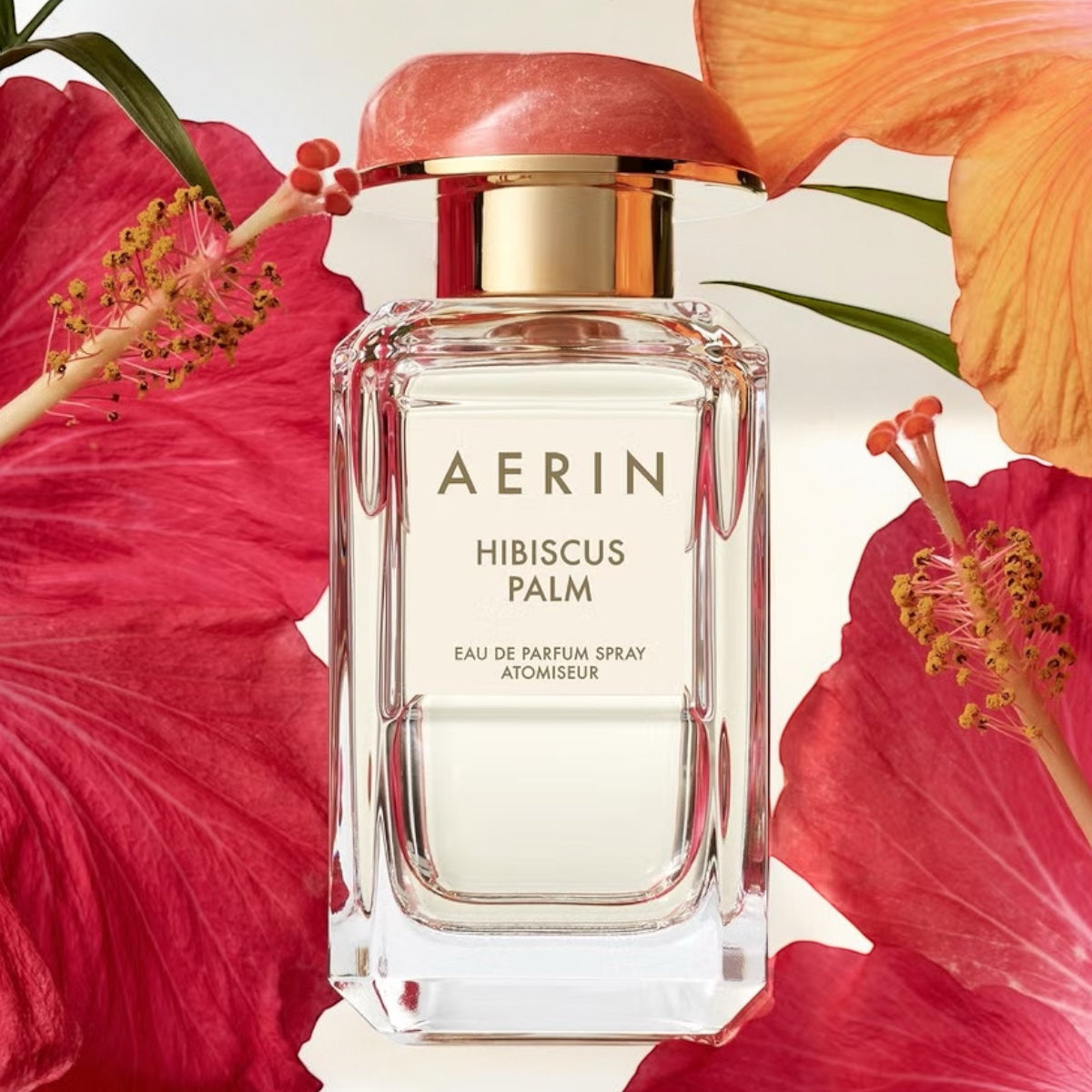 Aerin Hibiscus Palm fragrance sample – tropical hibiscus and coconut floral styled in a radiant tropical setting.