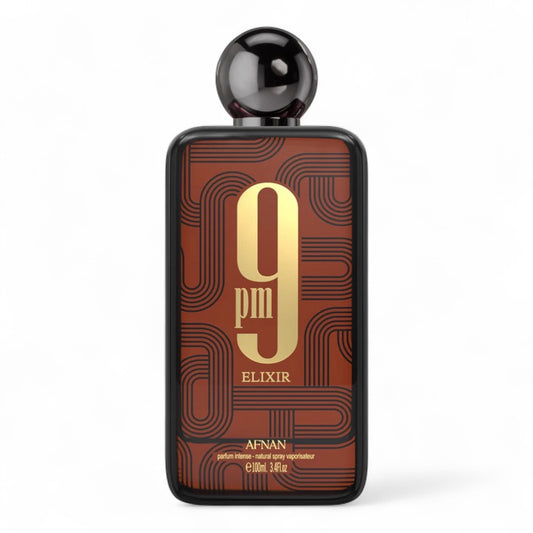 Afnan 9PM Elixir fragrance sample - spicy leather and vanilla perfume in 100ml bottle.