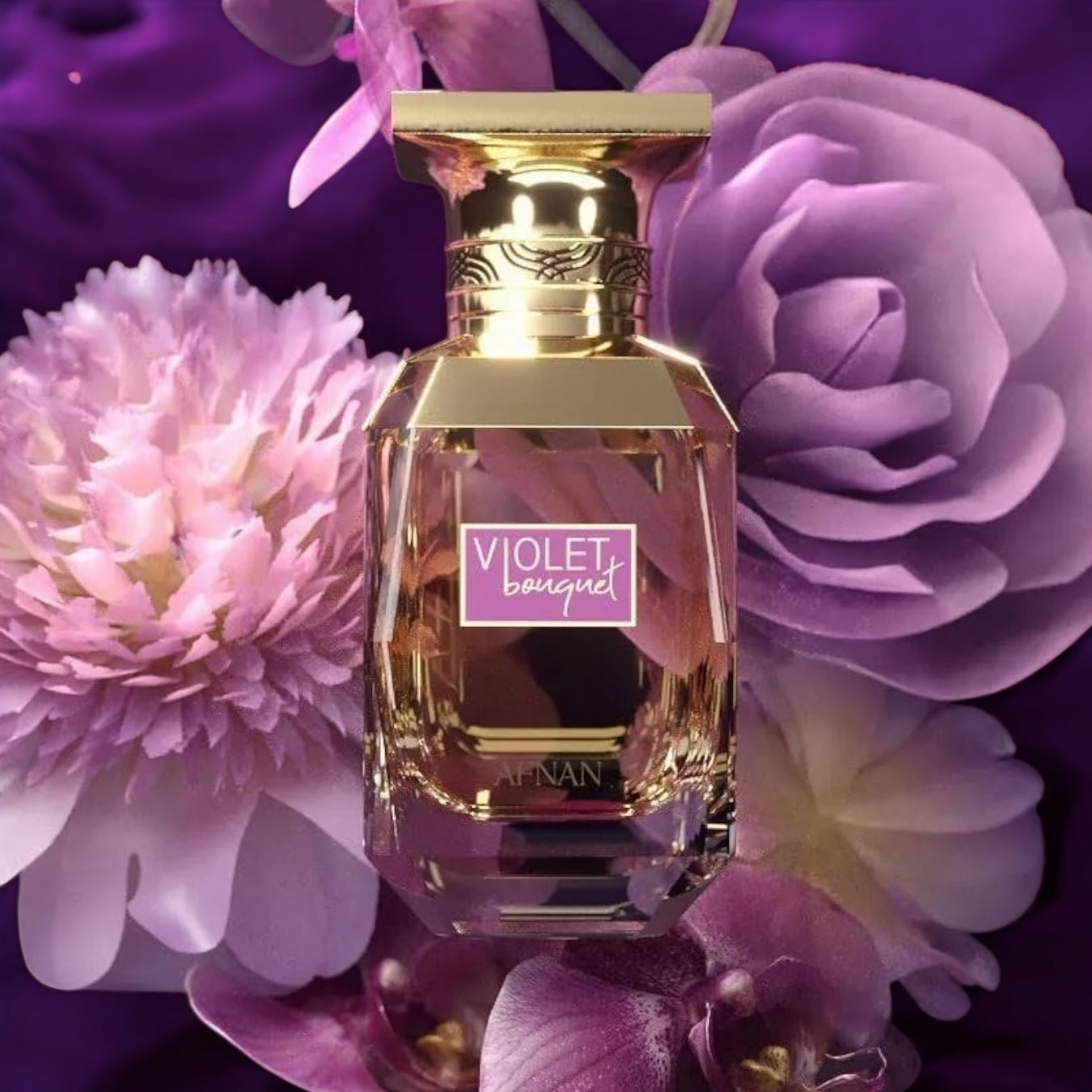 Afnan Violet Bouquet perfume sample - radiant saffron and sugar-amber fragrance styled in aviolet floral setting