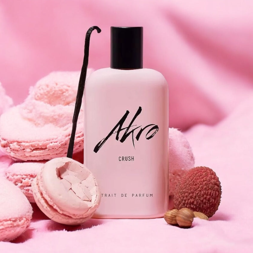 Akro Crush fragrance sample – rose macaron and vanilla cream gourmand styled in a playful lifestyle setting