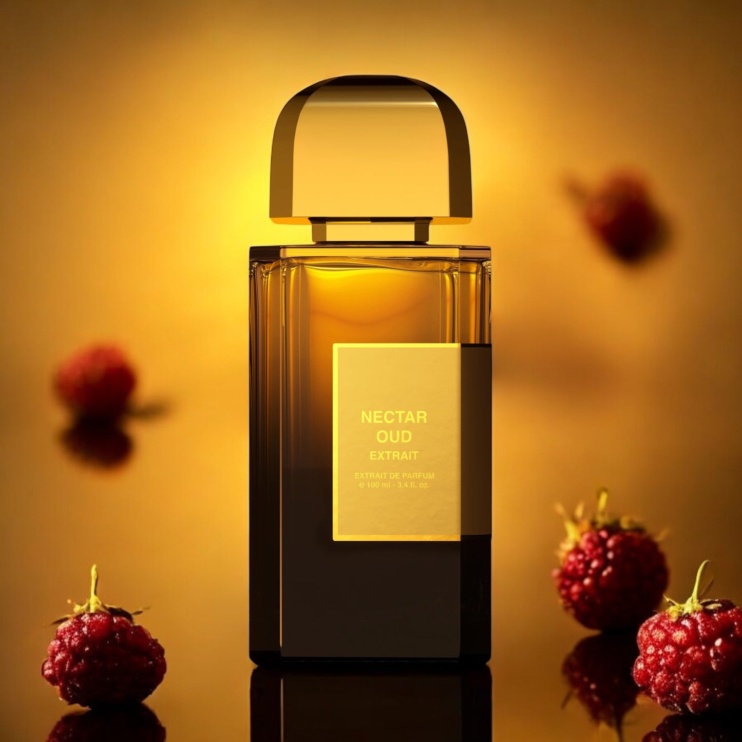 BDK Nectar Oud Extrait perfume sample - luxurious oud and saffron extrait styled with golden textures in a warm, opulent setting with honeyed raspberries