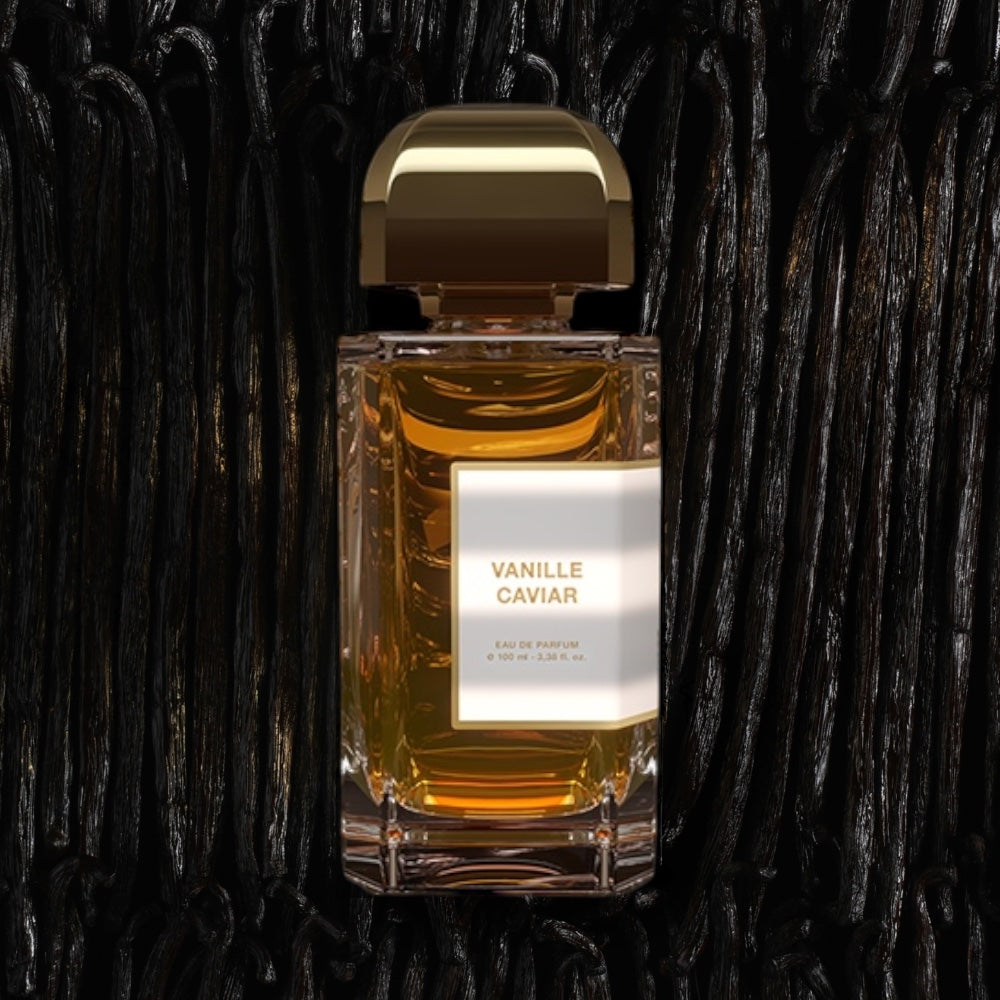 BDK Parfums Vanille Caviar perfume sample – dark vanilla, cocoa, and amber resin notes styled in a moody, elegant black-toned setting.