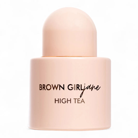 BROWN GIRL Jane High Tea fragrance sample – warm gourmand with pink chai, almond pastry, and sandalwood, pictured full 50ml bottle