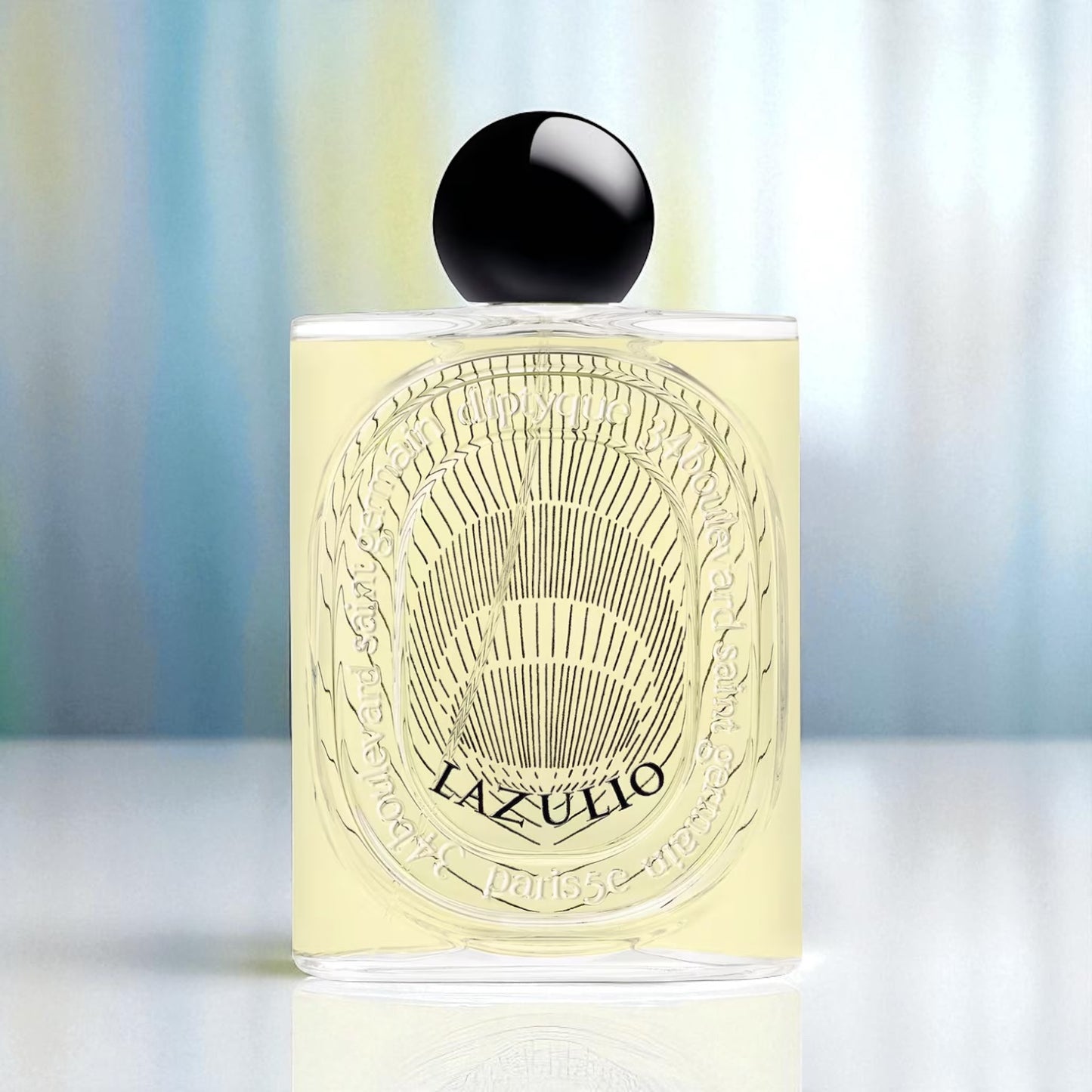 Diptyque Lazulio perfume sample – tangy rhubarb, rose and smoky vetiver in a jewel-toned peacock-inspired setting.