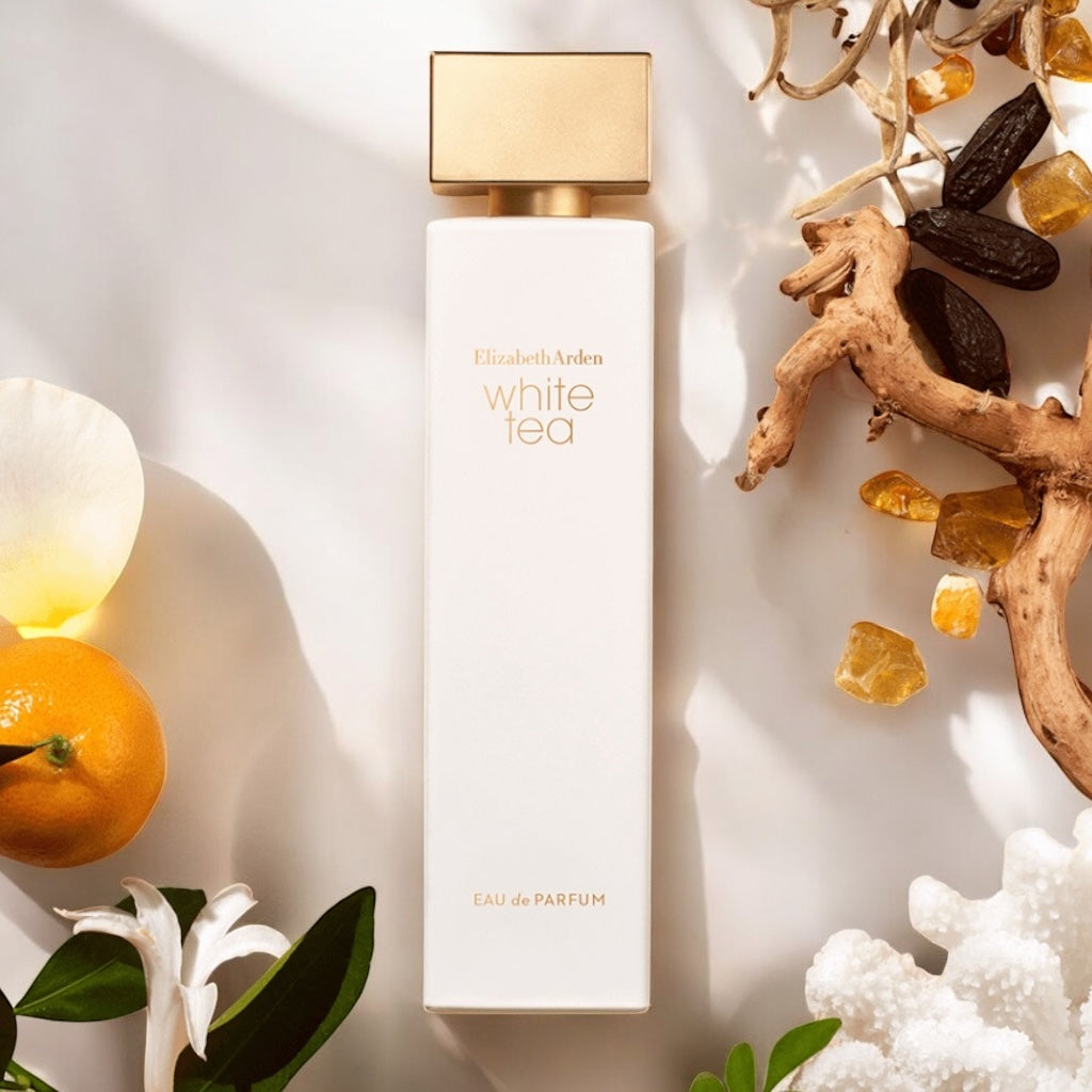 Elizabeth Arden White Tea perfume sample - fresh rose and herbal tea fragrance styled in a serene lifestyle setting.