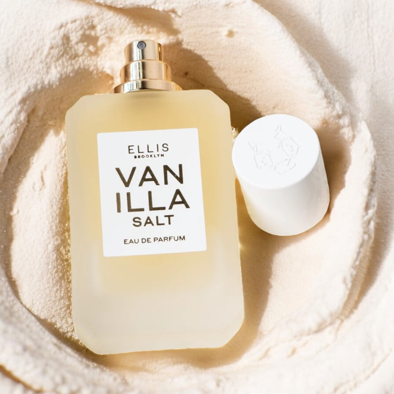 Brooklyn Vanilla Salt perfume sample – creamy vanilla and salty musk styled in a fresh creamy vanilla lifestyle setting.