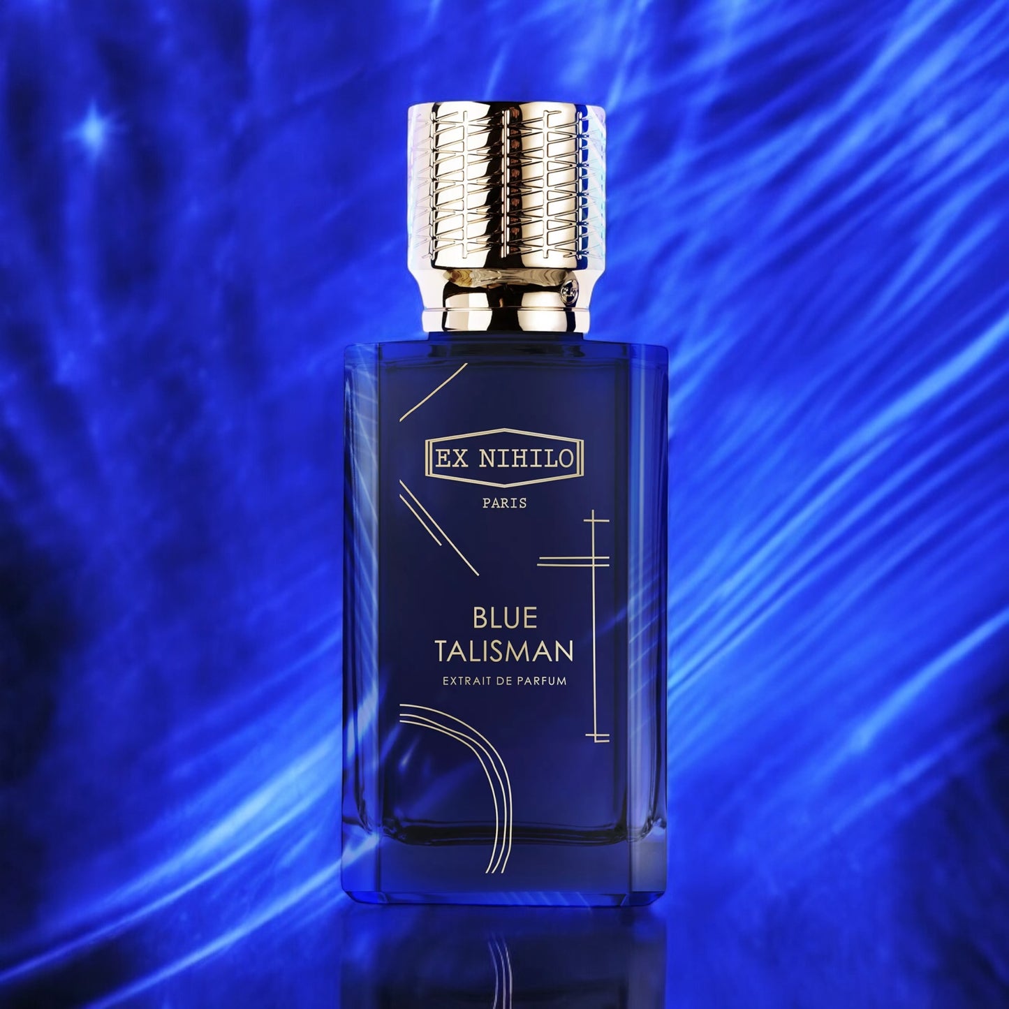 Ex Nihilo Blue Talisman Extrait perfume sample – a radiant floral amber fragrance styled with on electric blue background