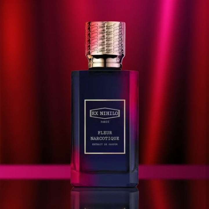 Ex Nihilo Fleur Narcotique Extrait perfume sample – peony, lychee, and sandalwood notes in a hypnotic dimly lit setting.