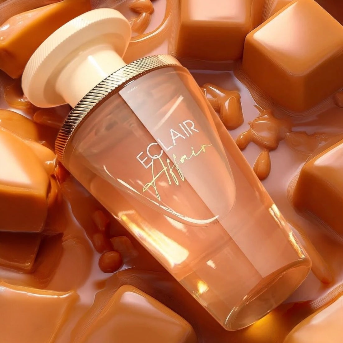 French Avenue Éclair Affair perfume sample - caramel cream and vanilla musk fragrance styled in a gourmand caramel setting.