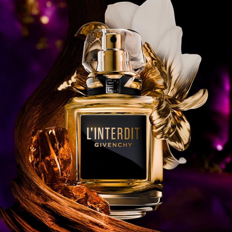 Givenchy L’Interdit Parfum sample – elegant white floral fragrance with golden lighting and refined details