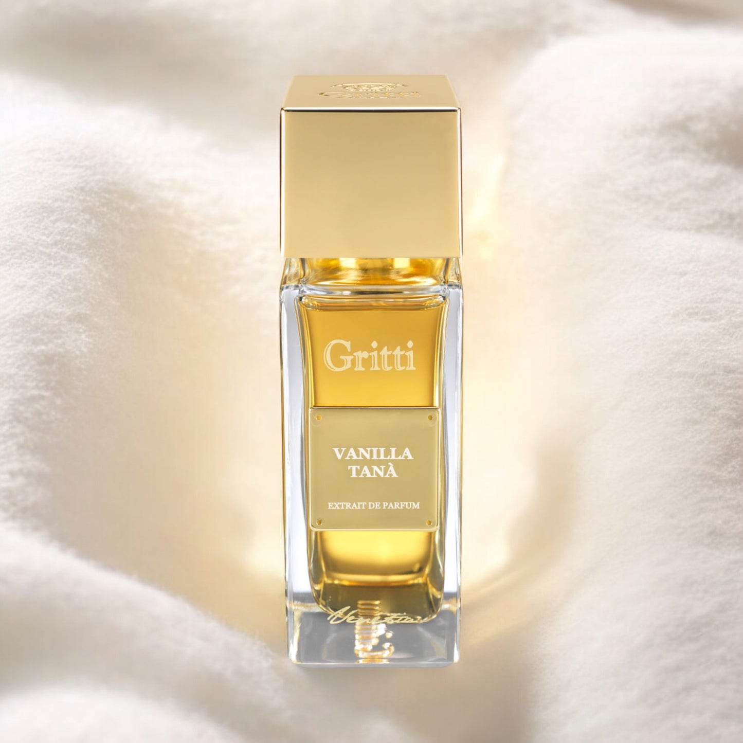 Gritti Vanilla Tanà perfume sample – airy vanilla and white orchid fragrance, styled in a soft, elegant setting.