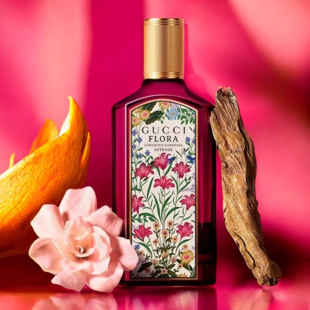 Gucci Flora Gorgeous Gardenia Intense perfume sample – nestled with fresh mandarin, gardenia blooms and sandalwood, evoking radiant floral warmth.