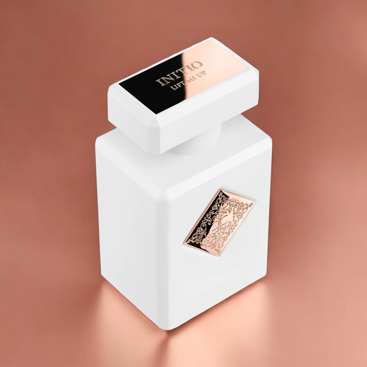 Initio Lift Me Up fragrance sample – solar florals, musk and vanilla styled in a radiant lifestyle setting.