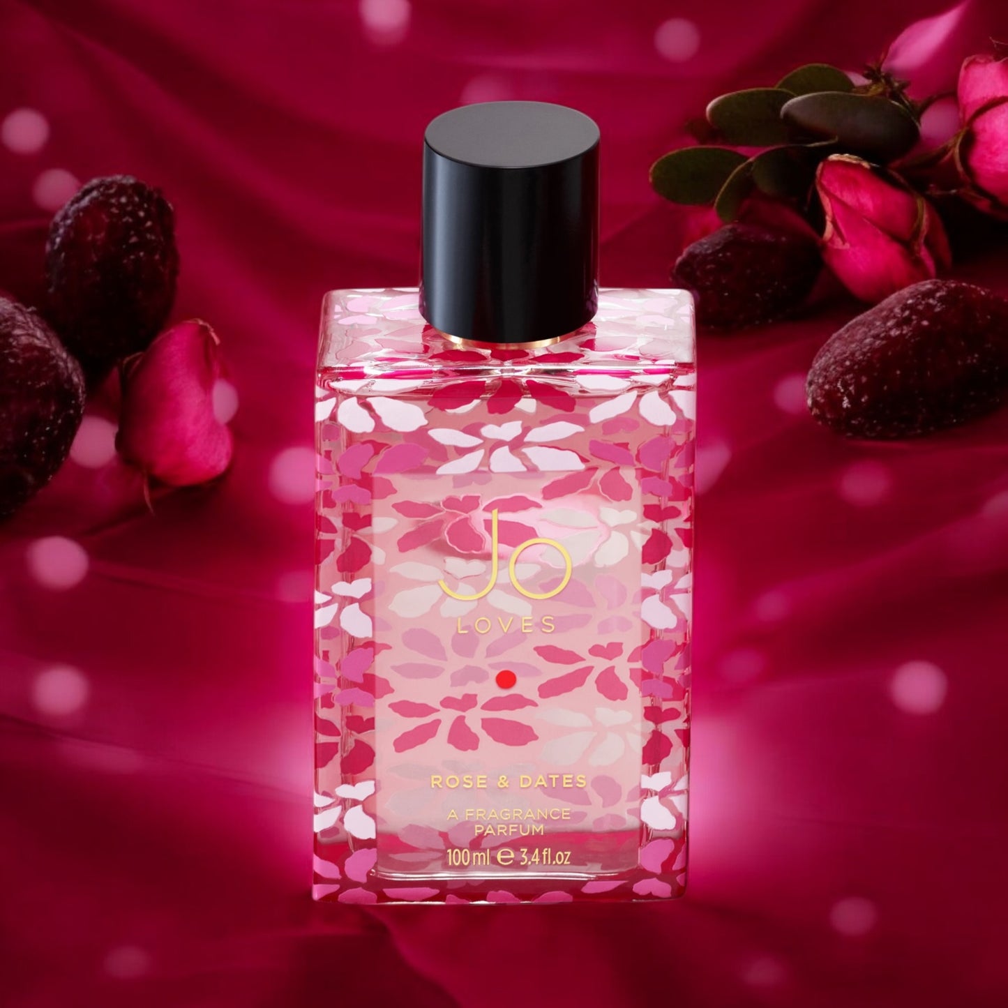 Jo Loves Rose & Dates fragrance sample – rose petals, amber and vanilla styled in a warm Moroccan-inspired lifestyle setting