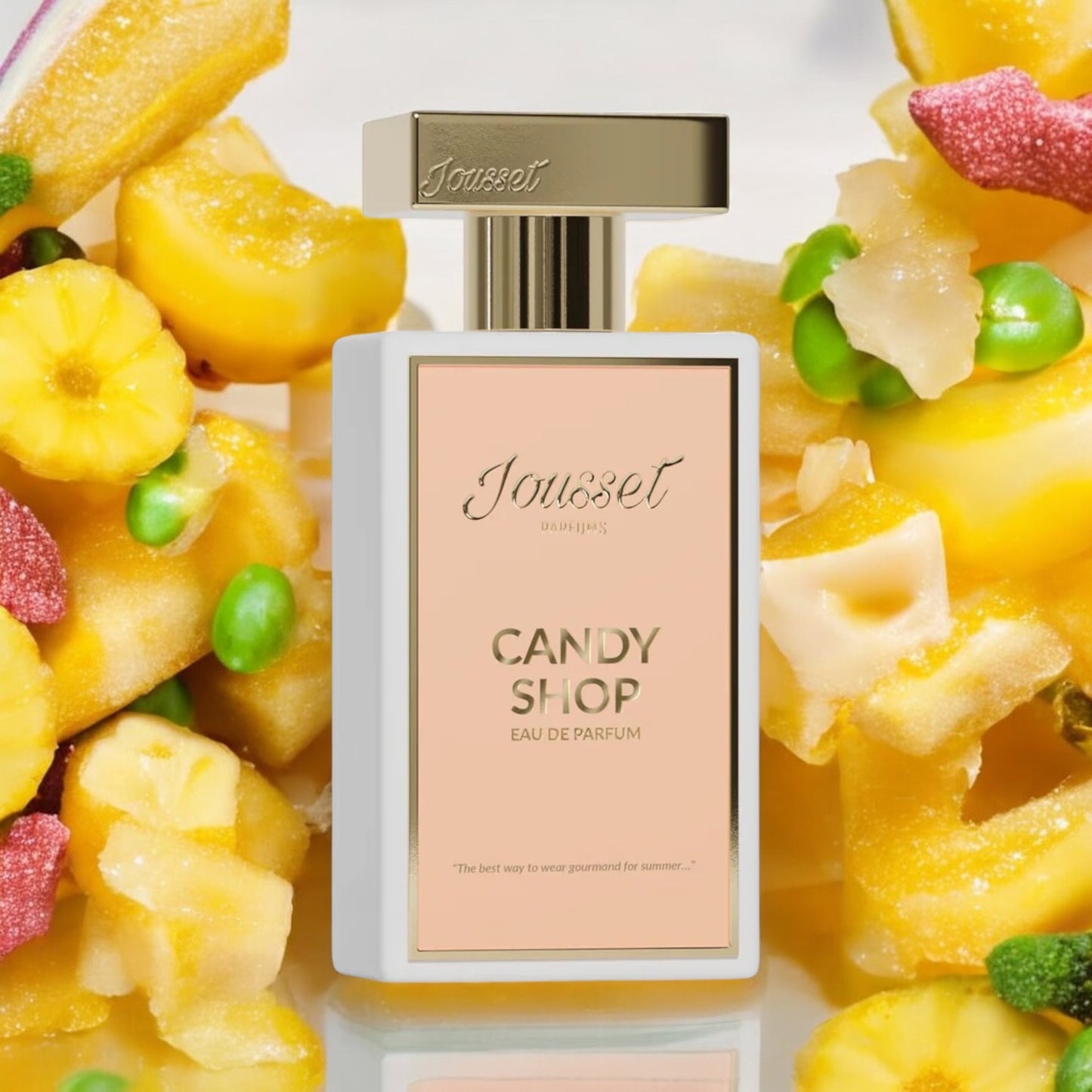Jousset Candy Shop perfume sample – playful tropical fruits and creamy vanilla in a sunny, candy-inspired lifestyle setting