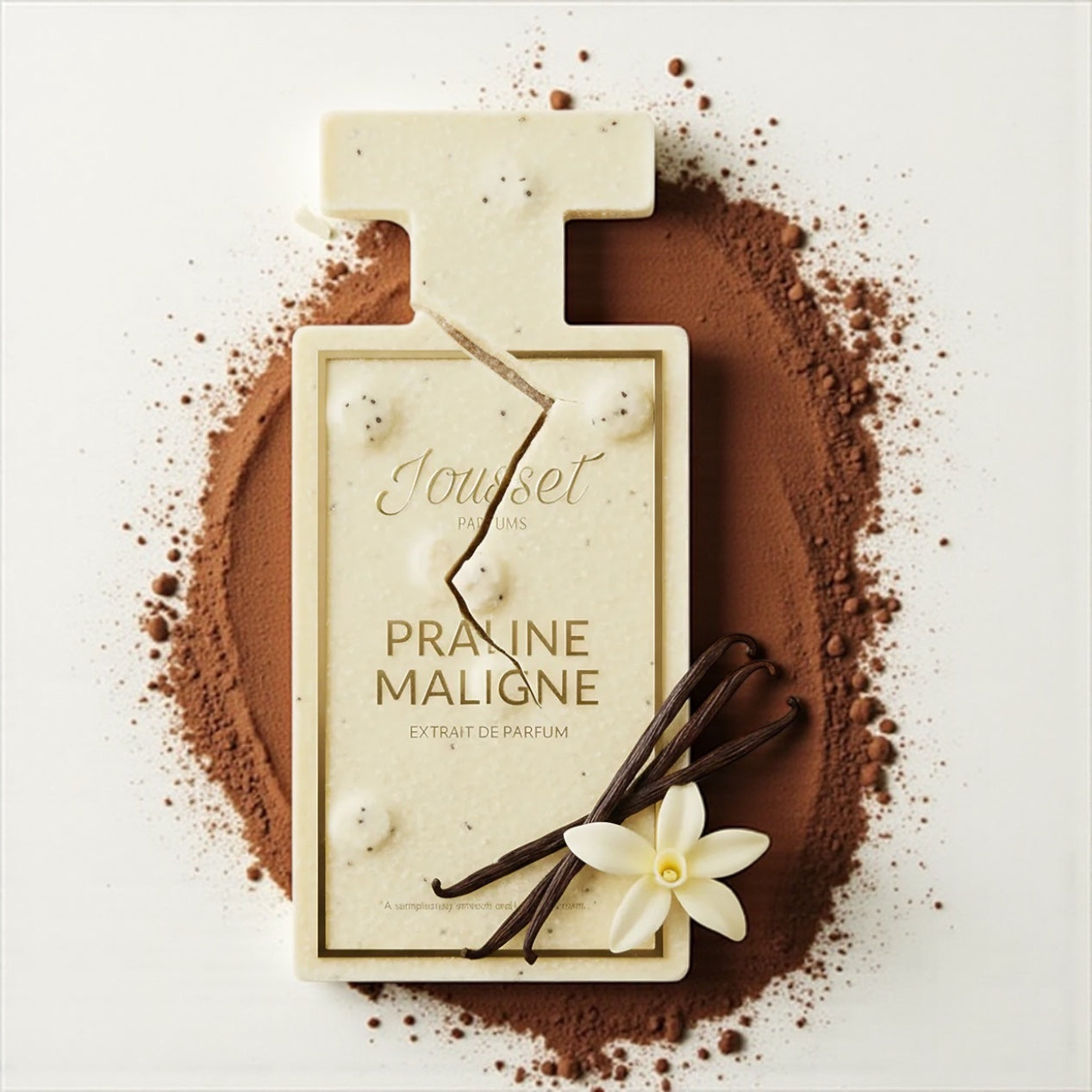 Jousset Praline Maligne perfume sample – white chocolate, praline and caramel notes styled in a warm patisserie-inspired setting.