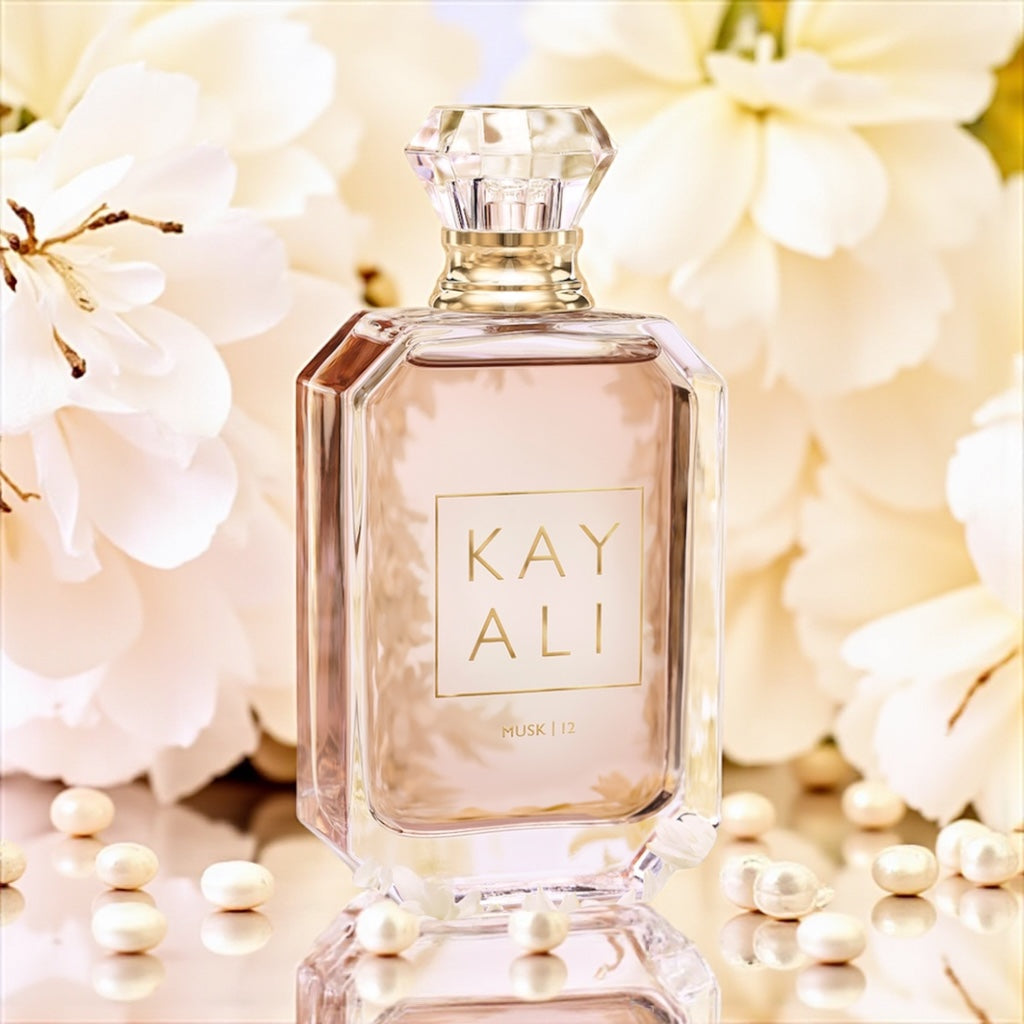 Kayali Musk 12 perfume sample – soft musk, vanilla and sandalwood notes styled in a creamy minimal setting.