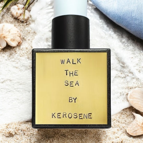Kerosene Walk The Sea perfume sample - mineral aquatic fragrance styled in a calm, salty beach setting