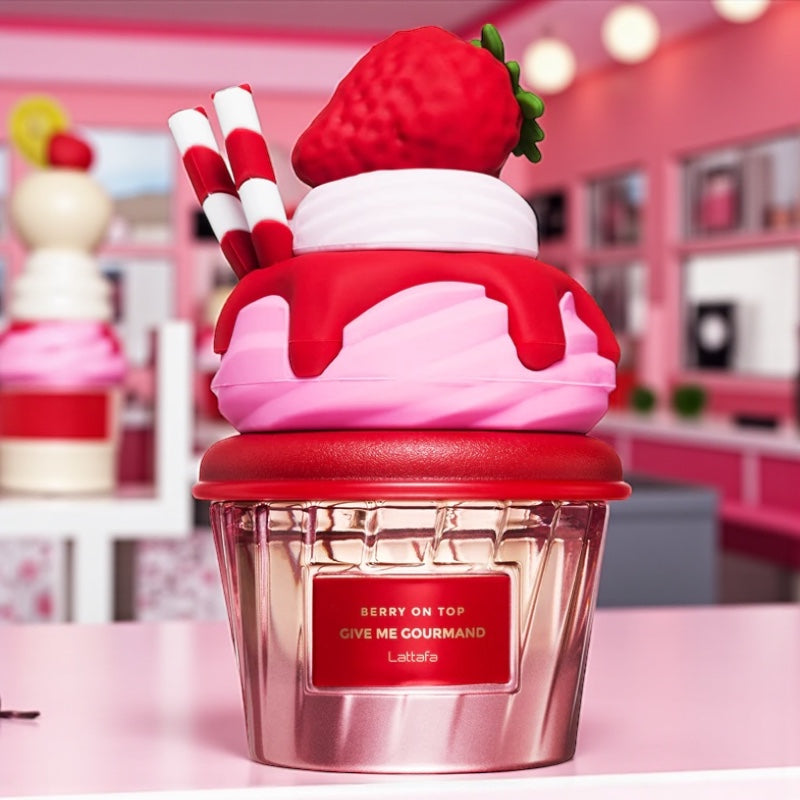 Lattafa Berry On Top perfume sample – strawberry jam, vanilla and whipped cream notes styled in a soft pink dessert-inspired setting.