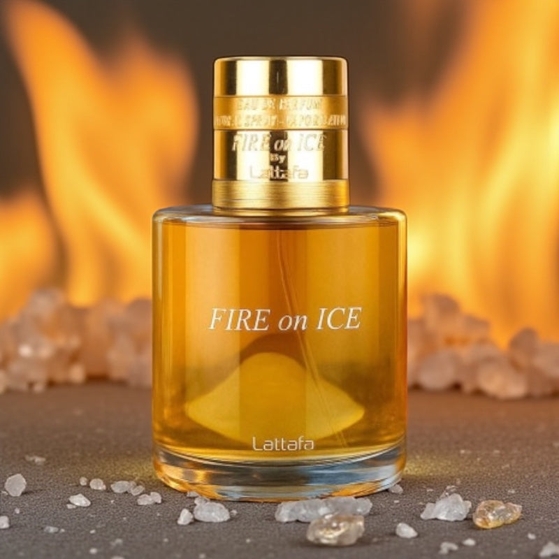 Lattafa Fire On Ice perfume sample – cognac, caramel and oakwood notes styled in a warm amber-toned setting.