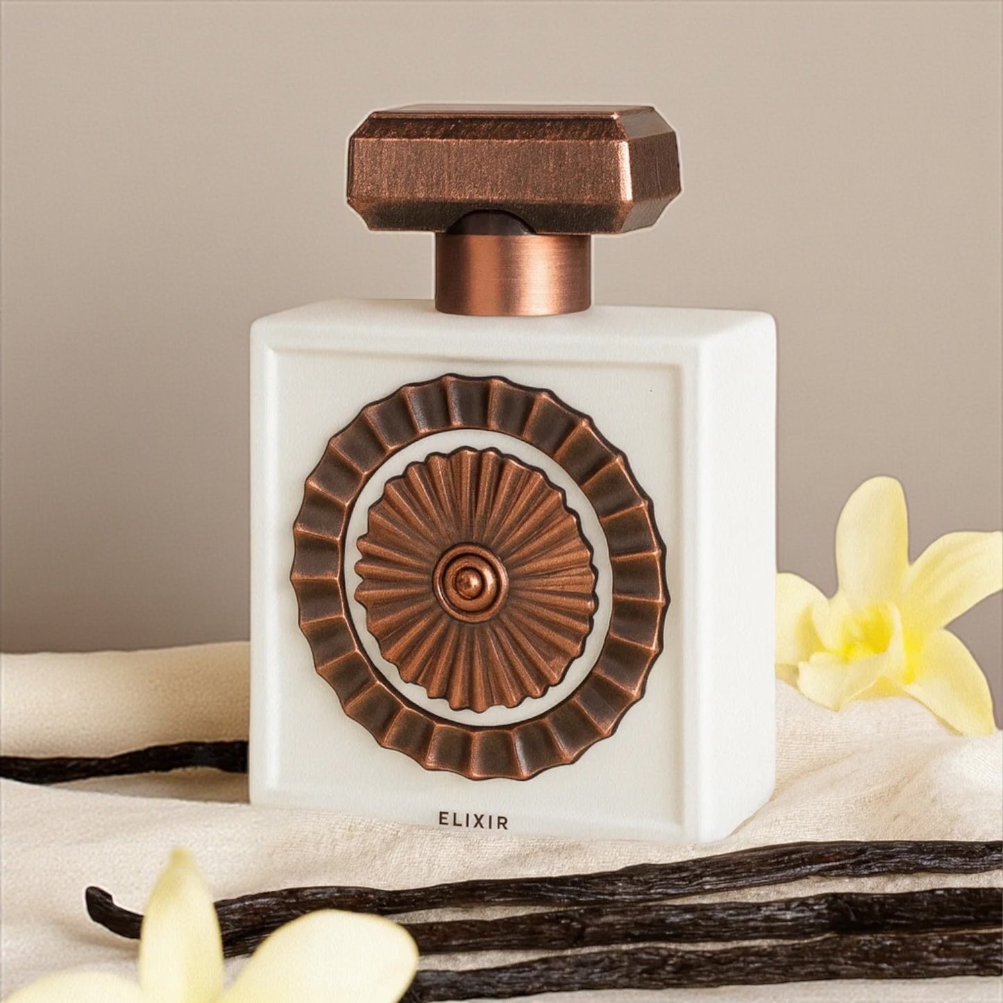 Lattafa Nebras Elixir perfume sample – creamy milk, vanilla and sugar notes styled in a soft, dessert-inspired setting.