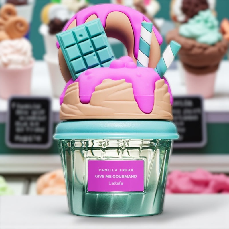 Lattafa Vanilla Freak perfume sample – cupcake, cinnamon and buttercream notes styled in a soft warm-toned dessert-inspired setting.